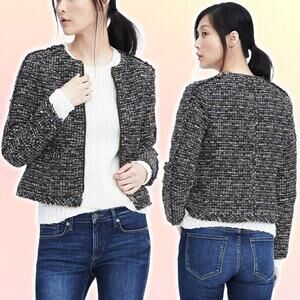 BANANA REPUBLIC Tweed Fringe Boucle Zip Blazer Jacket Sz 0 Navy